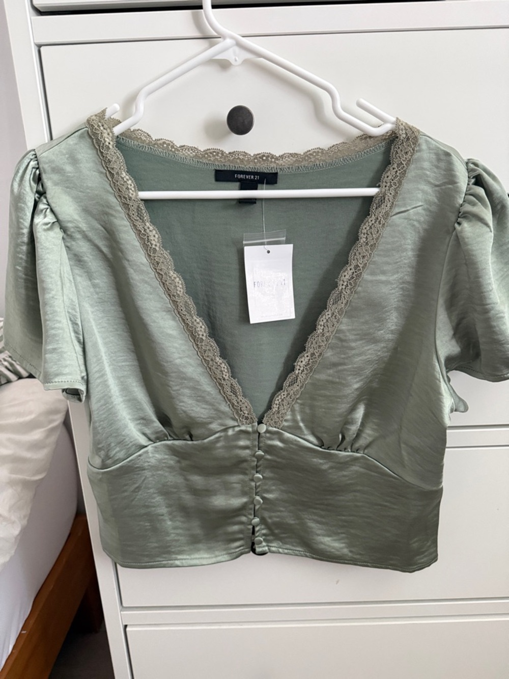 Forever 21 Sage Green Satin Lace-Trim Button Crop Top